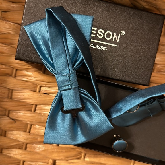 men’s adjustable bowtie and cufflink set wedding prom homecoming teal green blue - Picture 3 of 5